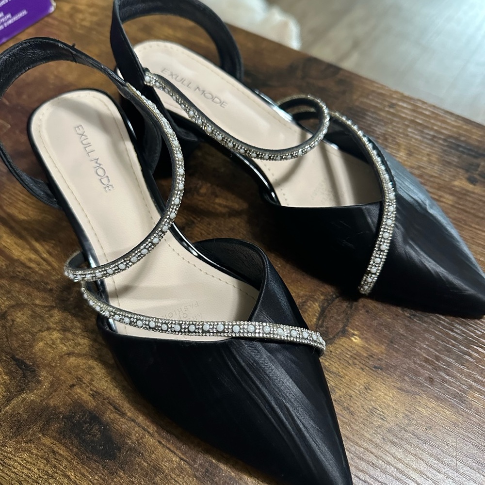 Black Pointed Toe Slingback Flats with Crystal Straps